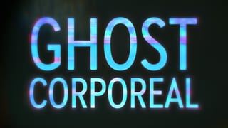 The Ghost Corporeal wordmark in cyan light, edges split into colour, on black