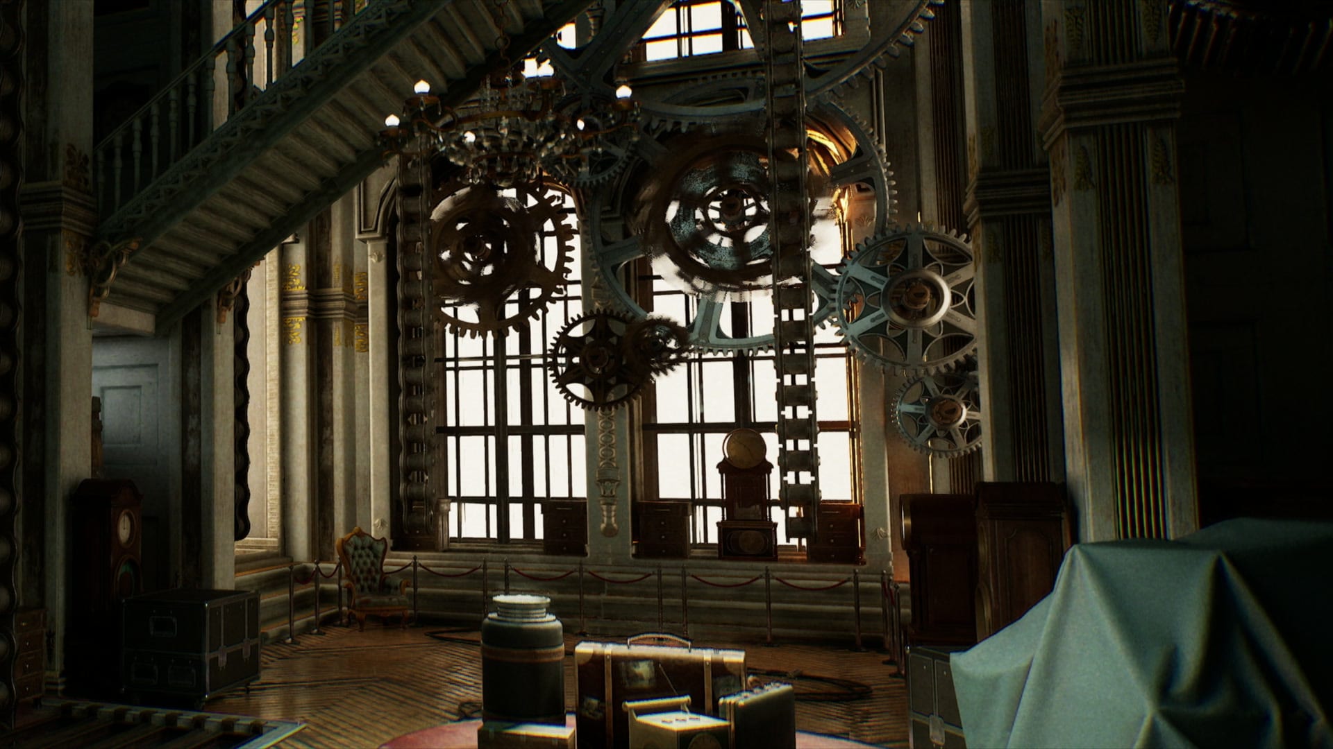 A clockwork grand hall — brass gears, a sweeping staircase, and warm light through a towering latticed window